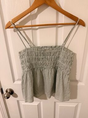 American Eagle Outfitters Green and White Striped Smocked Cami